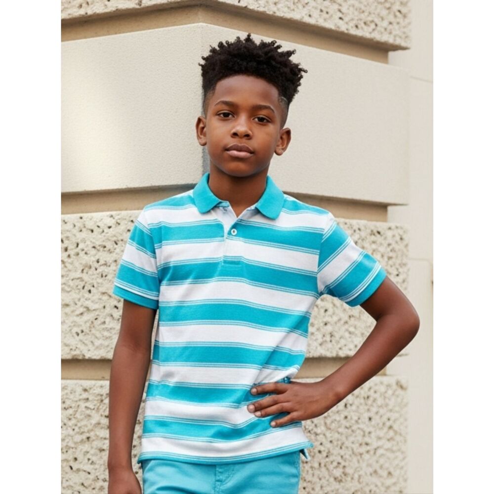 Wrangler Boys XL 14/16 Polo Shirt Turquoise Stripe Cotton Preppy School Casual